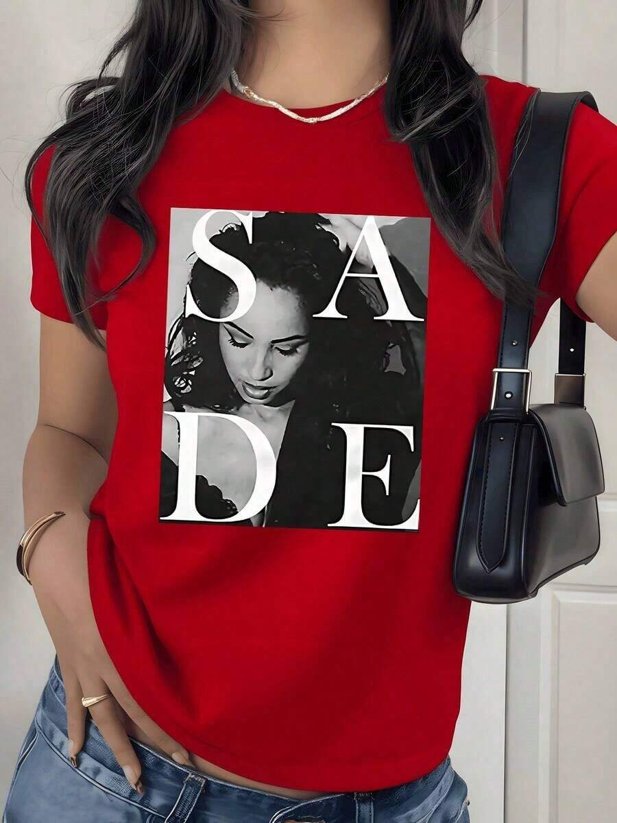 Vintage Letter Graphic Print T-Shirt, 180g, 1 Piece, Monochromatic Artistic Portrait, Women's Casual T-Shirt 100% Cotton, Urban Style - 紅色 - 查看 1