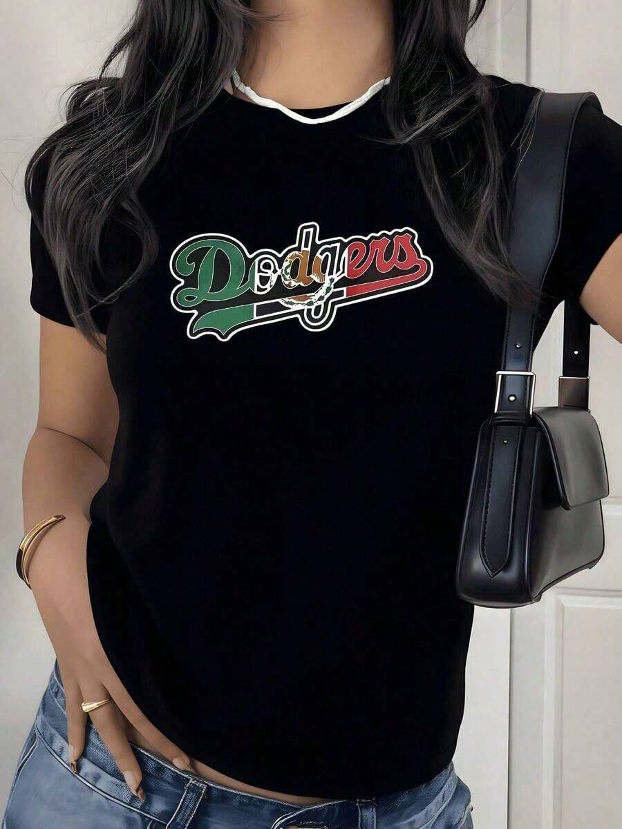 1 pieza de camiseta de manga corta para mujer con estampado gráfico de los Dodgers de México, 100% algodón, cuello redondo, estilo casual diario. - Negro - Ver 1