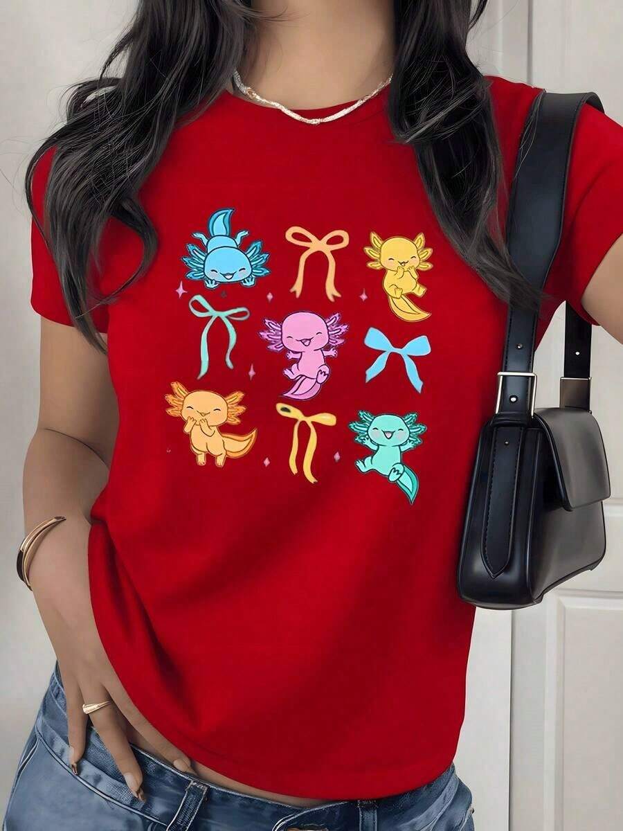 Camiseta con Estampado Gráfico de Axolotl Colorido y Lindo, 180g, 1 Pieza, Estilo Kawaii, Informal para Mujer, 100% Algodón, Cuello Redondo Suave, Estilo Veraniego - Rojo - Ver 1