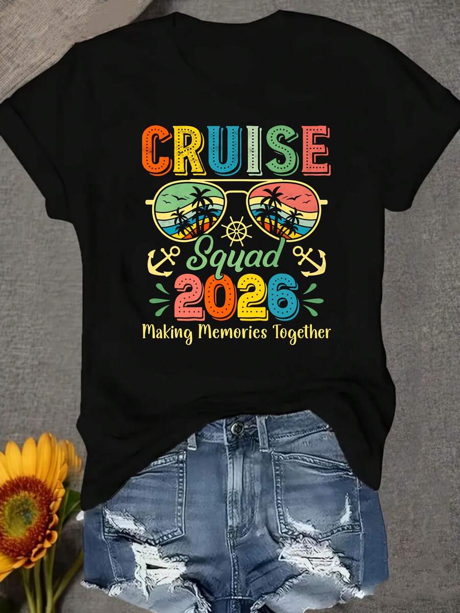 Una camiseta de manga corta para mujer, moderna, a la moda, retro, casual y holgada, adecuada para actividades al aire libre en primavera y verano.Esta camiseta de mujer del equipo de cruceros 2026 presenta estampados de palmeras, playa y anclas.Es perfecta para usar durante vacaciones y viajes, ofreciendo comodidad y practicidad, y ayudando a crear recuerdos hermosos.blusas para mujer,blusas casuales para dama,tops,, mujer premium,y2k,playeras de mujer curvy,ofertas y liquidaciones ropa mujer,playeras deportivas para mujer,,playeras de hombre, mujer,blusas>elegante LNIQ - Negro - Ver 1