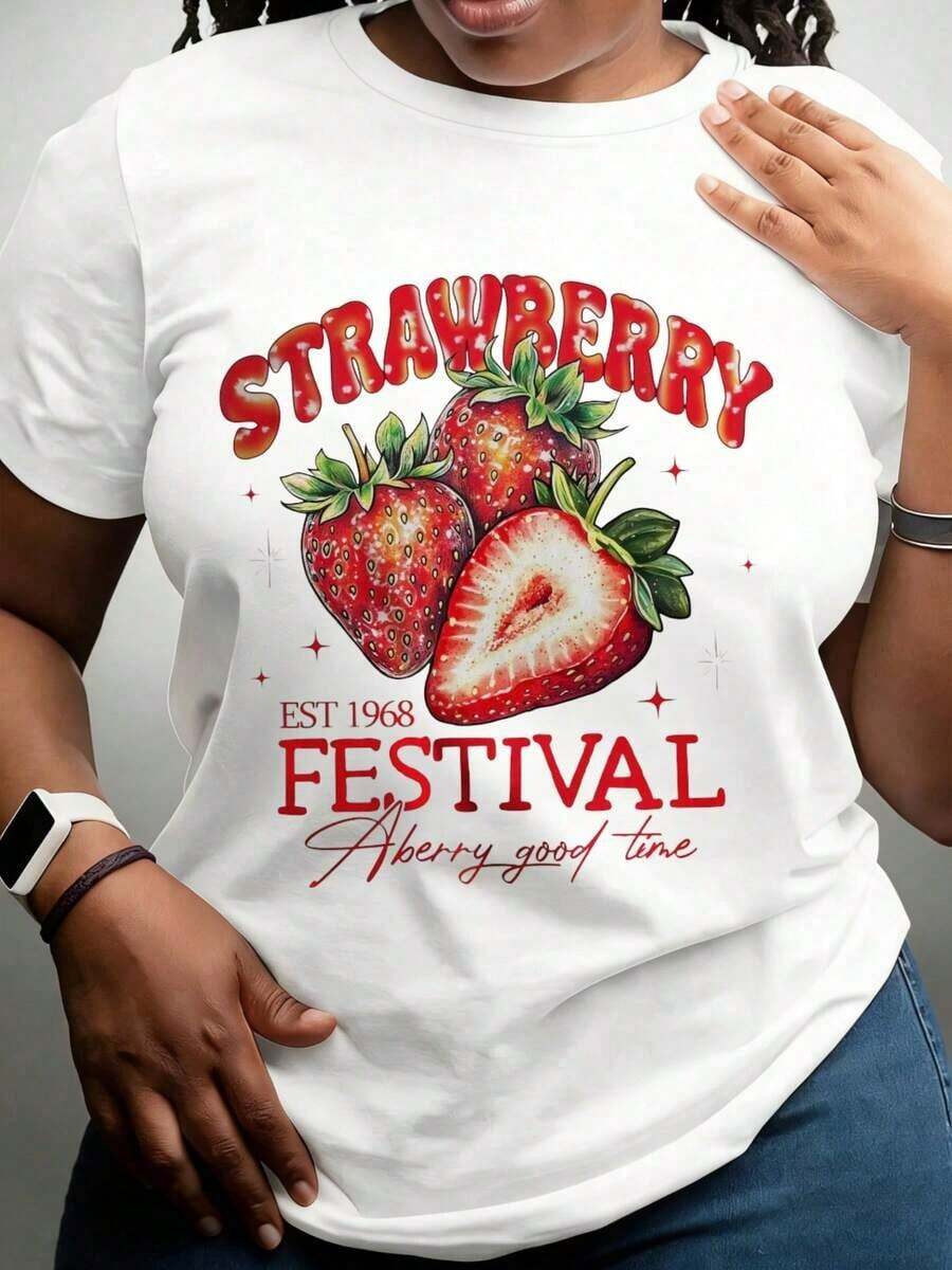 Camiseta Gráfica "Strawberry Festival Est 1968 Berry Good Time" Adecuada para Ropa Deportiva Casual 220g - Estilo Vintage Urbano Unisex de Algodón Suelto de Manga Corta con Cuello Redondo 100% algodón - Blanco - Ver 1