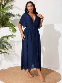 Vestido casual de playa para mujer de talla grande con abertura lateral y parches de encaje - Azul marino - Ver 5