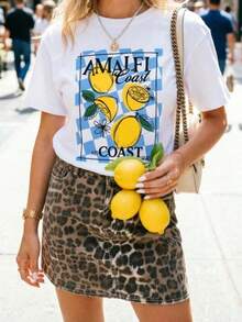 Camiseta de algodón 100% puro con estampado de letras y frutas, estilo casual de manga corta y cuello redondo para mujer, nueva colección primavera/verano, versátil y a la moda, esencial para uso diario y vacaciones, color blanco, lavable a máquina. Un regalo para familiares, hermanos, amigos, padres o maestros. - Negro - Ver 1