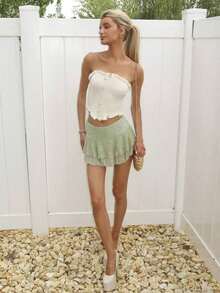 Sydney Algeri Falda a línea con cintura ancha, parche de encaje y plisados, de estilo casual para vacaciones, para mujer - verde menta - Ver 6