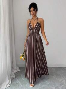 Vestido casual de vacaciones con estampado de rayas y tirantes finos para mujer, vestido de línea A de cintura alta con rayas de color contrastante, vestido de tirantes finos marrón, vestido a rayas, vestido a rayas rosa y marrón, vestido retro francés elegante y estilizador de cuello cuadrado con tirantes finos, vestido elegante de verano para vacaciones, vestido elegante para mujer, vestido de vacaciones, conjunto de vacaciones de verano, vestido elegante y sexy de mujer con cuello cuadrado profundo y tirantes finos a rayas, vestido con ribete de contraste, vestido casual de vacaciones - Marrón - Ver 6