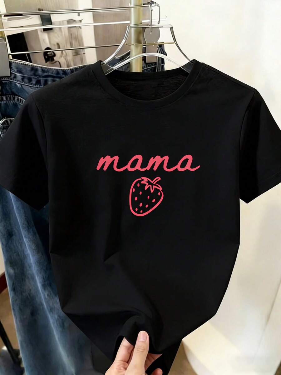 Camiseta de mujer con estampado "mama Strawberry Lines", suave y cómoda, de corte holgado, cuello redondo, transpirable, estilo deportivo casual. - Negro - Ver 1