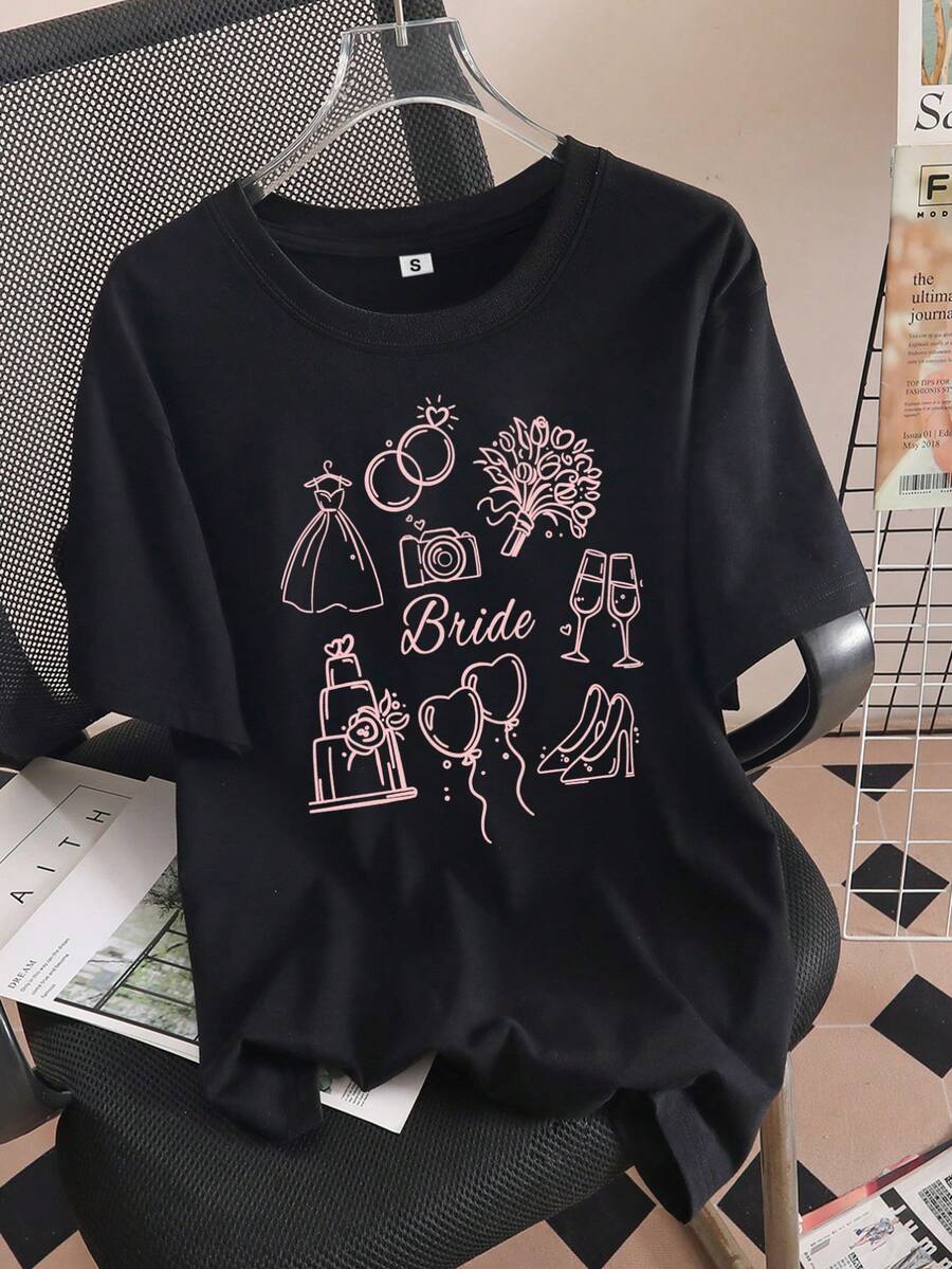 Camiseta nupcial personalizada, diseño de texto personalizado, camiseta conmemorativa de boda, pieza única, camiseta para novios, regalo nupcial, camiseta para damas de honor, camiseta personalizada, regalo considerado adecuado para todas las estaciones, cómoda y transpirable. - Negro - Ver 1
