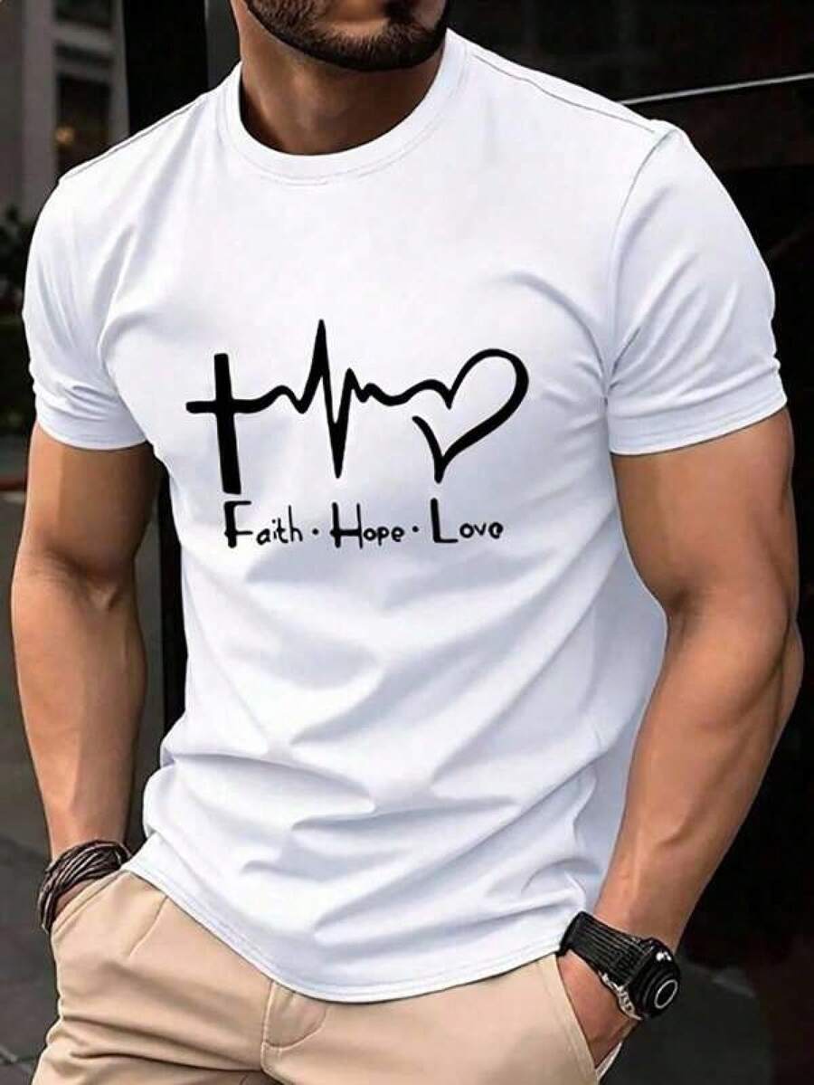 Camiseta de manga corta con cuello redondo y estampado de letras para hombre Fenqiro, camisetas cristianas de verano para hombre - Blanco - Ver 1