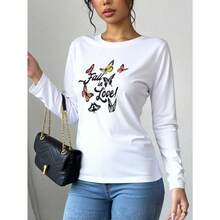 Camiseta informal de manga larga con cuello redondo y estampado floral de mariposas para mujer, adecuada para vacaciones y uso informal. - Blanco - Ver 9