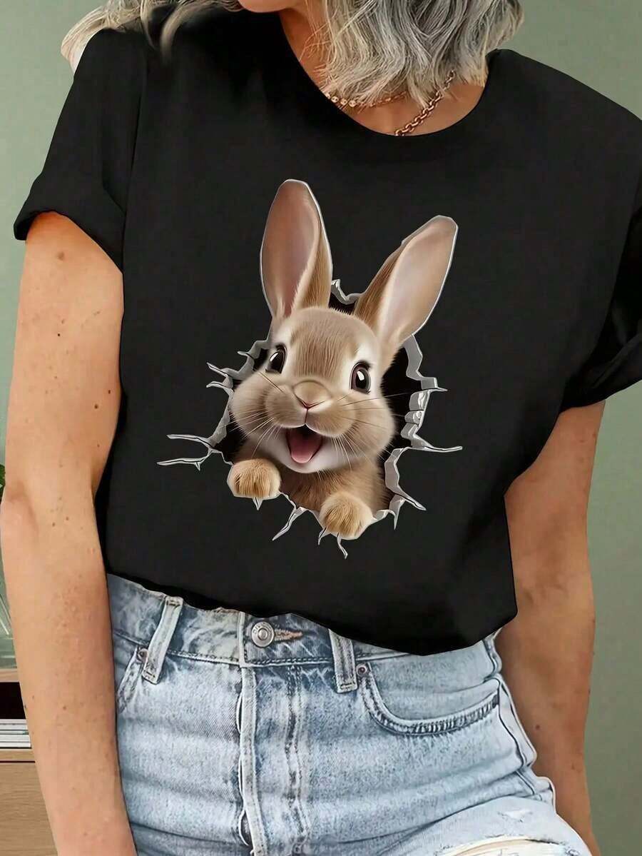Camiseta de mujer casual, sencilla, con estampado de conejo [Pascua], cuello redondo, manga corta, simple y elegante. - Negro - Ver 1