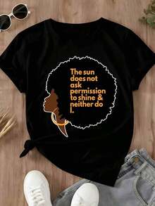 Women's T-Shirt With Afro Pride Slogan: "The Sun Doesn't Ask For Permission To Shine, And Neither Do I." Casual Wear For Everyday Outfits And Statements Of Self-Confidence. - 黑色 - 查看 2