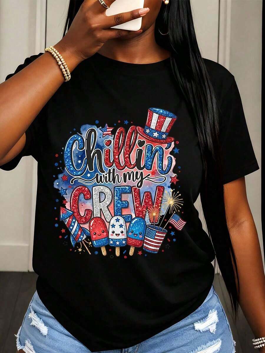 Camiseta de Mujer para el Día de la Independencia, Diseño Patriótico con Helados y Bandera, Ropa para Fiesta de Celebración del 4 de Julio - Negro - Ver 1