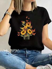 Camiseta de Algodón Estilo Vintage con Estampado de Slogan de Lisboa, Árbol de Mariposas, Hermosos Animales, Naturaleza, Camiseta de Talla Grande para Mujer, Camiseta Gráfica Oversize de Manga Corta, 1 Pieza, Novedosa, Camiseta 100% Poliéster, Top Casual con Cuello Redondo, 220g, para Uso Diario en Verano - Negro - Ver 7