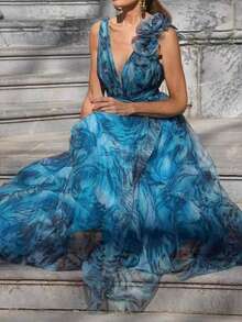 Vestido estampado floral bohemio estilo bohemio falda amplia vacaciones verano elegante moda mujer europea - Azul lavado medio - Ver 4