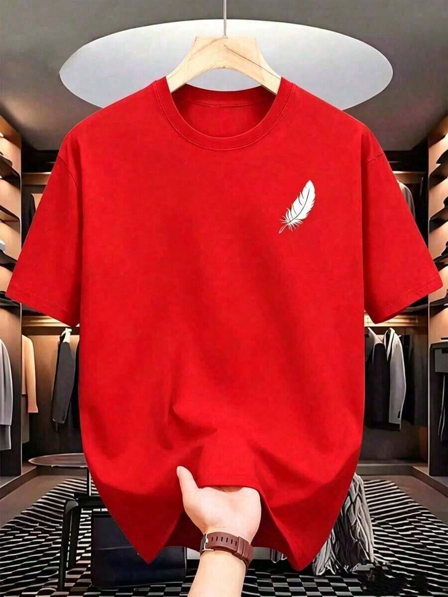 Stylish And New High-Quality Minimalist T-Shirt, Casual, Short-Sleeved, With A White Feather Print, Crew Neck, Short Sleeves, Breathable And Durable. Suitable For Everyday Wear, Travel, And Lounging At Home. It Offers Comfort, Is Machine Washable, Suitable For All Seasons, A Versatile Piece, Minimalist Design, Classic Style, Premium Fabric, Comfortable Fit, Adult Clothing, And Urban Fashion. Unisex Cotton Loose-Fitting Short-Sleeved Crew Neck T-Shirt, Urban Retro Style, And . - 紅色 - 查看 1