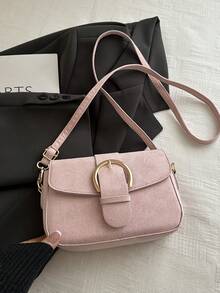 Bolso de mano pequeño con solapa para mujer, bolso cuadrado con decoración de hebilla de metal de moda, bolso de hombro y bandolera - Rosa Pálido - Ver 8