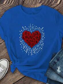 New And Modern Women's Short-Sleeved T-Shirt, Printed With A "Red Rose Of Love" Design, Soft And Breathable, Made Of Stretchy Fabric, Machine Washable, Casual Short-Sleeved T-Shirt, A Must-Have For Spring And Summer, Short-Sleeved Top, Modern Style. KTQN-Short-Sleeved Crew Neck T-Shirt, Urban Vintage Style, Unisex, Loose Fit And 100% Cotton. - 藍色 - 查看 2