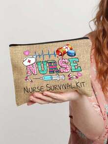 1 pieza, Bolsa de cosméticos de supervivencia de enfermera - Bolsa de maquillaje con estampado de cuadros de colores, letra NURSE, latido cardíaco de ECG, jeringa, frasco de pastillas y patrón de gorro de enfermera, bolsa de lona portátil para artículos de tocador de viaje, una bolsa de maquillaje diseñada para enfermeras, un regalo divertido para mujeres, estudiantes de enfermería y profesionales, perfecto para la Semana de Apreciación de Enfermeras, una bolsa de viaje para cosméticos, una solución de almacenamiento portátil para artículos de tocador y una bolsa para productos de belleza y cuidado de la piel - Multicolor - Ver 14