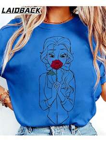 Women's Summer T-Shirt, Loose Fit, With A Princess And Rose Graphic Print, Relaxed Style, Unisex, Short Sleeves, Crew Neck, Whimsical Fairytale Style, Minimalist Line Art Design, Perfect For Movie Nights, Casual Outings, Everyday Wear, And For Fans Of Fairytale Style, Ideal Gift For Gen Z, Comfort Lovers, Soft And Breathable Cotton Fabric, White. Plus Size Clothing For Outdoor Outings, Suitable For Both Men And Women. - 藍色 - 查看 8