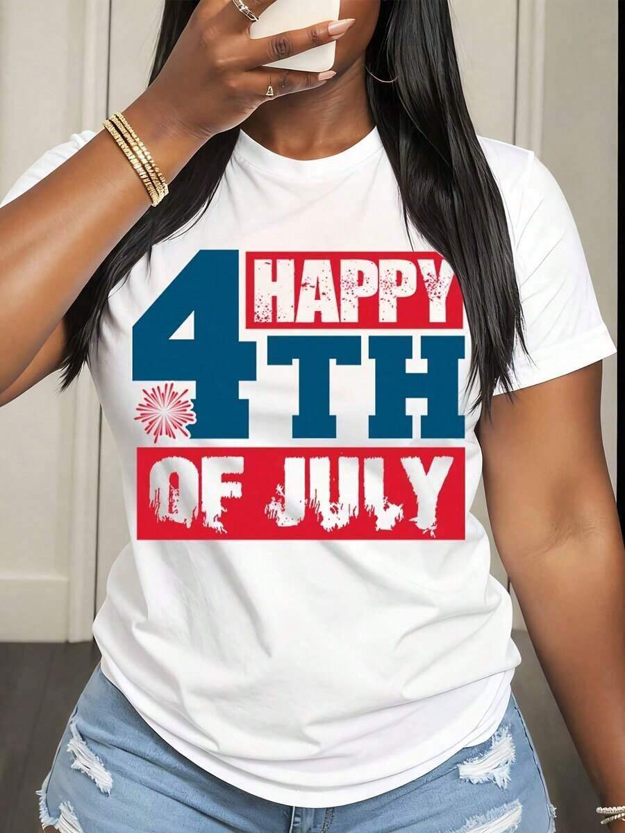 Camiseta de Mujer con Estampado Patriótico de Fuegos Artificiales para Celebrar el 4 de Julio, Día de la Independencia, Estilo Casual - Blanco - Ver 1
