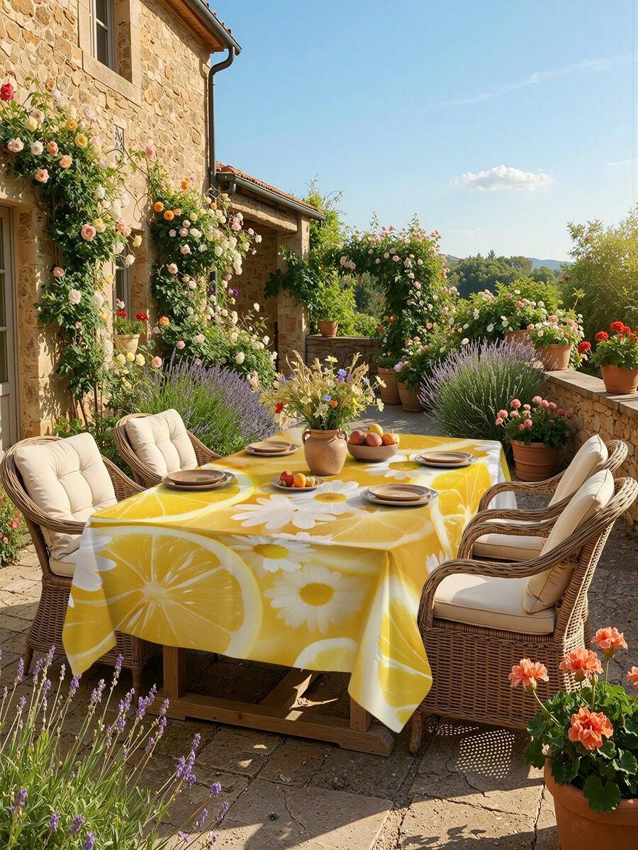 1/2pcs Tablecloth, Lemon Daisy Pattern, Polyester Material, Suitable For Kitchen, Dining Room, Coffee Table, Rectangular Or Round, Suitable For Picnic, Camping, Countryside Decor, Protect Tabletop & Decorate For Holidays, Fresh & Natural Style - Multicolor - View 1