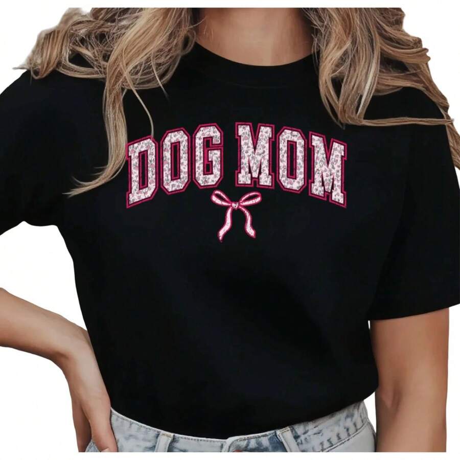 Camiseta Gráfica para Mujer, Estilo Universitario, con Lazo Rosa Brillante, para Mamá de Perros, Idea de Regalo para Amantes de los Perros, Manga Corta, Cuello Redondo, Color Negro, Tallas S-5XL - Negro - Ver 1