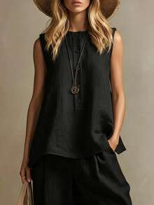 Conjunto femenino de un solo tono look refinado para uso diario - Negro - Ver 2