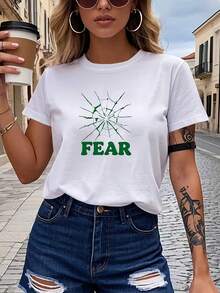 Camiseta de diseño exclusivo para mujer con estampado de vidrio roto, estilo oscuro, manga corta con la letra "FEAR", estampado de letras, camiseta casual de manga corta, lavable a máquina, top de primavera/verano, camisa elegante adecuada para fiestas. - Blanco - Ver 1