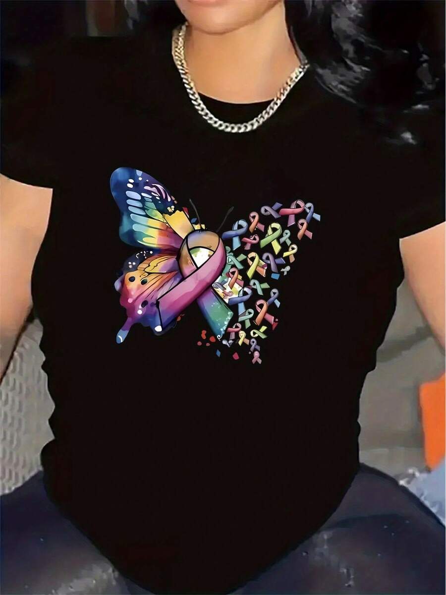 New 2026 Model, 100% Cotton, Suitable For Spring And Summer, Loose Fit, Casual Wear, Modern Design, Durable Material, Women's Spring-Summer T-Shirt With High-Quality Print. Perfect For Beach Vacations, Beach Trips, Summer Camps, Casual Wear, Holiday-Themed Gatherings, Short-Sleeved T-Shirts Suitable For Everyday Wear. - 黑色 - 查看 1
