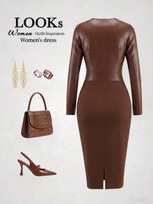 Este elegante vestido de mujer de manga larga está hecho de tela de punto y presenta un exclusivo ribete de piel sintética, es de moda y versátil, mostrando a la perfección el encanto femenino. Primavera - Marrón - Ver 7
