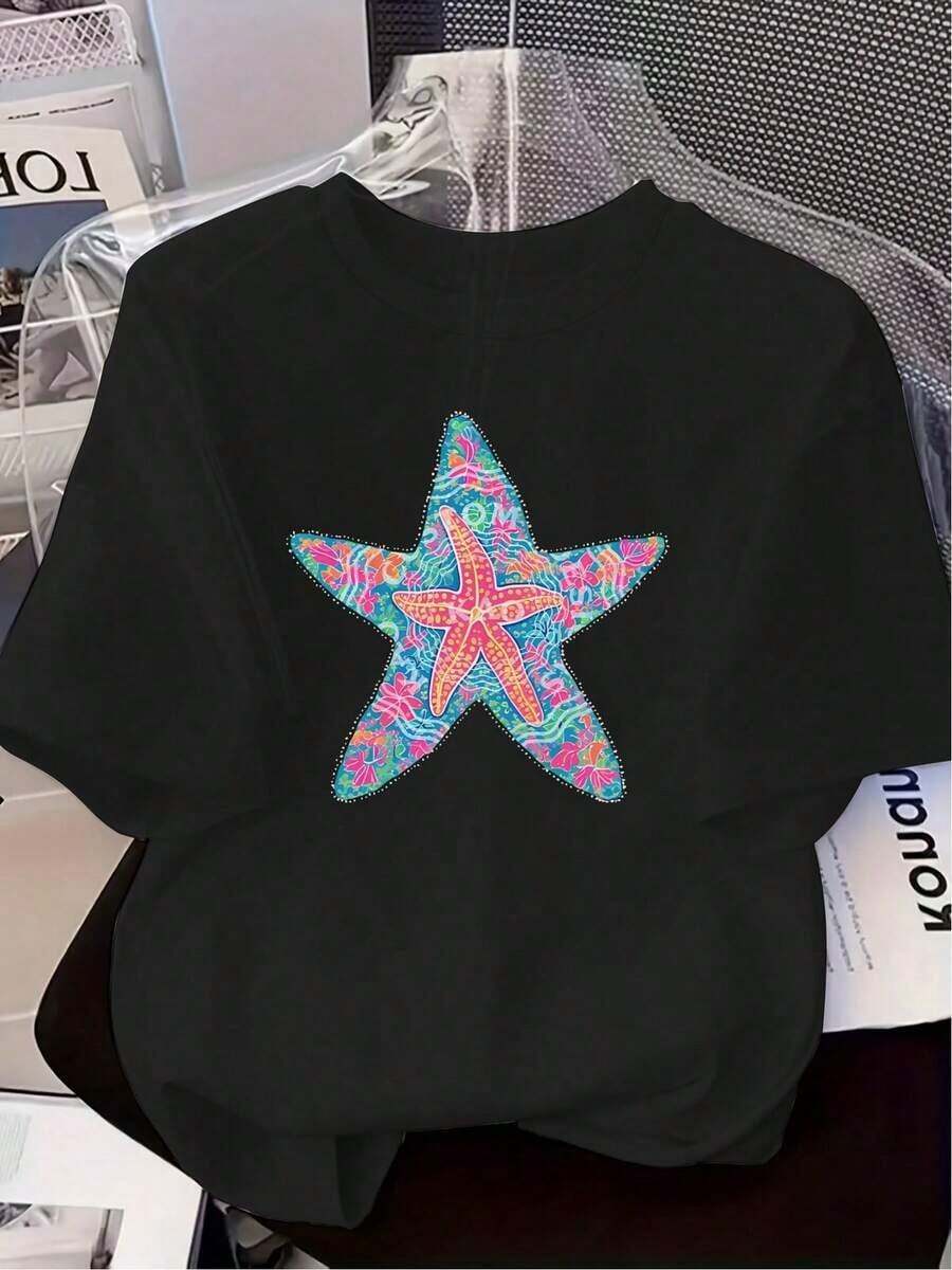 Women's 100% Cotton Short-Sleeved T-Shirt - Nautical Style With Starfish Print, Round Neck, Soft And Stretchy, Casual Summer Beachwear, Suitable For Spring And Autumn (Starfish Pattern, Not Printed On The Fabric). Ideal For Vacations And Casual Wear - Machine Washable, Stretchy Fit, Breathable Cotton T-Shirt. - 黑色 - 查看 1