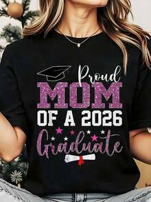 Camiseta de Cuello Redondo para Mujer, Camiseta de Moda con Estampado de Gorra de Graduación y Diploma para Celebración de Madre de Graduada, Fiesta de Graduación, 220g, Playera Holgada para Mujer - Negro - Ver 1
