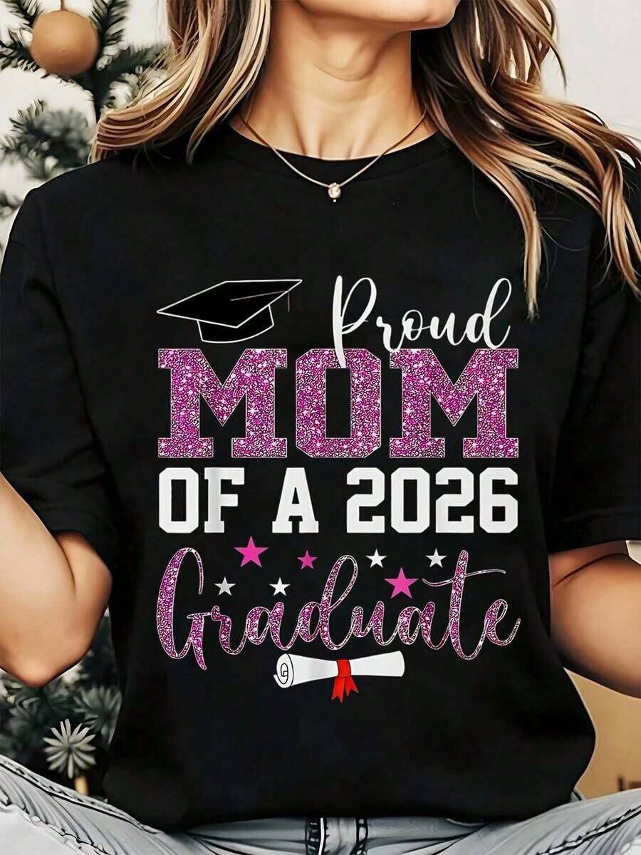 Camiseta de Cuello Redondo para Mujer, Camiseta de Moda con Estampado de Gorra de Graduación y Diploma para Celebración de Madre de Graduada, Fiesta de Graduación, 220g, Playera Holgada para Mujer - Negro - Ver 1