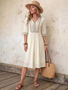 Vestido midi plisado de manga raglán con cuello en V vintage para mujer, verano - Blanco perla - Ver 3