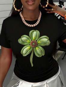 Camiseta con Estampado Floral Blanco y Verde con Diseño de Margaritas para Uso Casual Diario - Negro - Ver 2