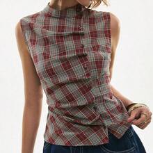 Chaleco casual de mujer de un solo pecho con pliegues a cuadros - Blanco y Black - Ver 7