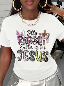 Camiseta "Silly Rabbit Easter Is For Jesus" Blanca con Estampado Religioso de Cruz y Conejo de Pascua, Ropa Casual para Mujer para Celebración de Pascua Cristiana - Blanco - Ver 2