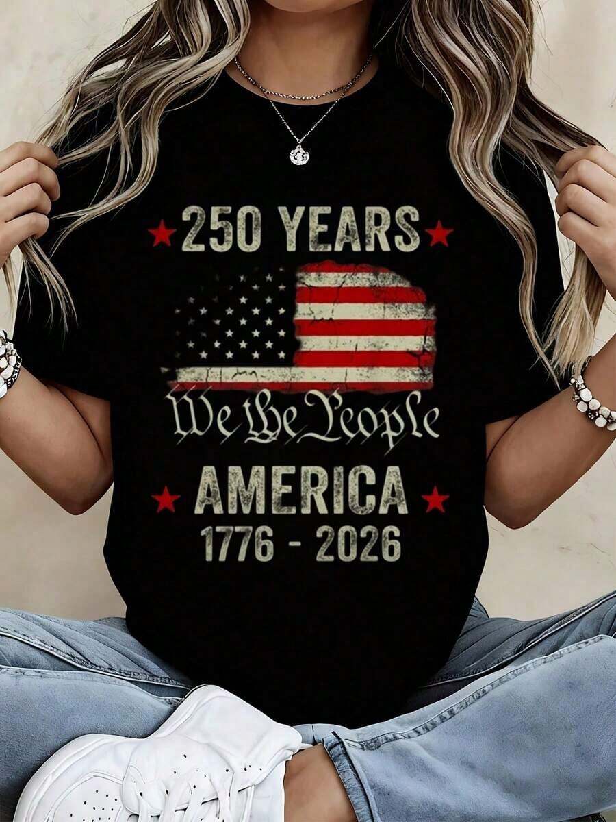 Casual T-Shirt For 250 Years We The People America 1776-2026 American Flag Independence Day Celebration Party Wear - 黑色 - 查看 1