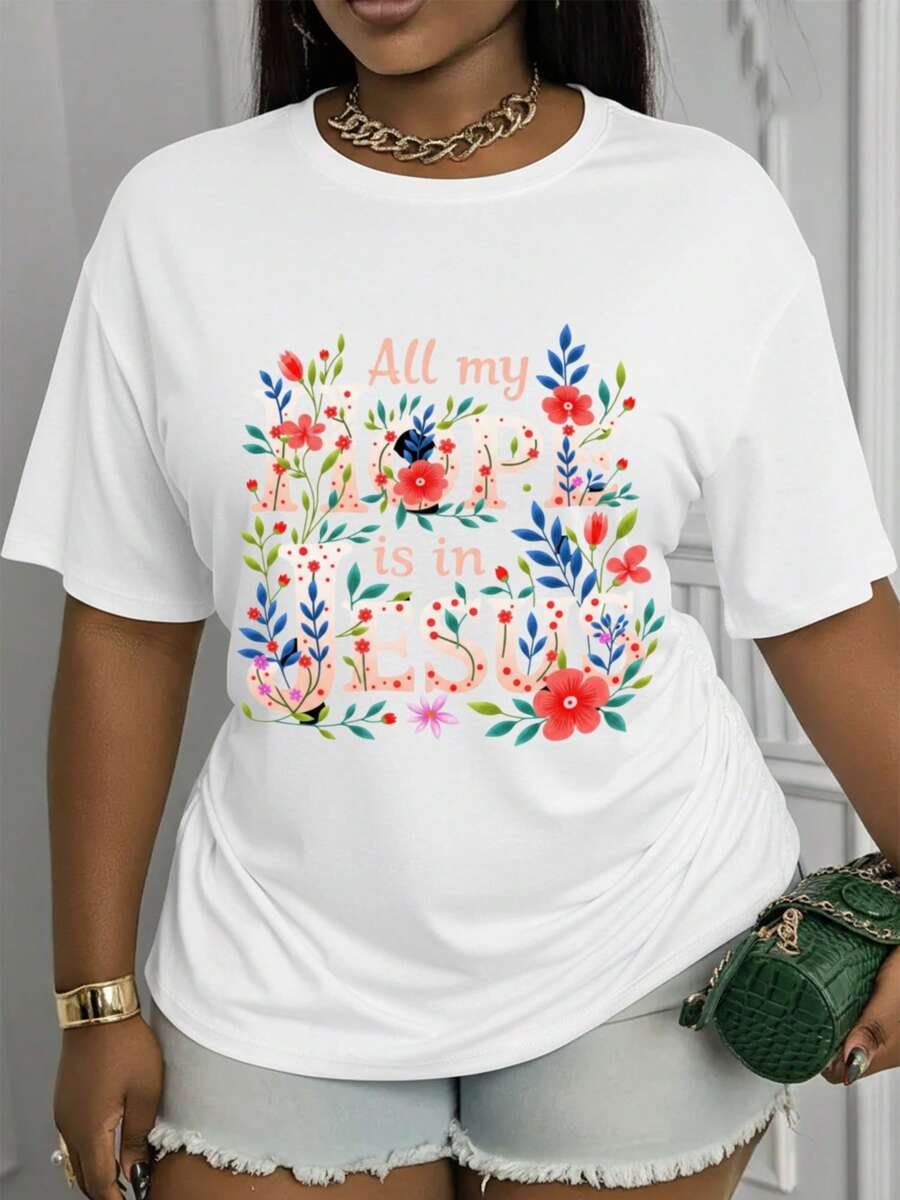 Suave, transpirable y ligera para comodidad durante todo el día - Camiseta de manga corta con cuello redondo y estampado con el diseño "Hope in '".Esta elegante camiseta para todas las estaciones presenta un diseño casual de cuello redondo y está confeccionada con un tejido suave y elástico.Lavable a máquina, diseñado para la comodidad.Cuello redondo clásico con un corte relajado que favorece todas las formas del cuerpo y es fácil de combinar con jeans, pantalones cortos y leggings. - Blanco - Ver 1
