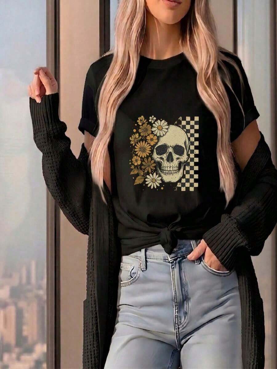 ComfortableCamiseta de algodón de manga corta con cuello redondo y estampado floral de calaveras para mujer, estilo casual y bonito, con hombros caídos y ligeramente elástica. Largo regular. Camiseta de manga corta para mujer, estilo básico que combina con todo, para uso interior y exterior. - Negro - Ver 1