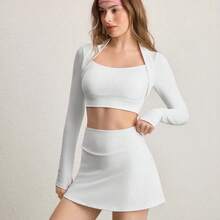 MewMuse. Eassivo Eassivo Conjunto de top corto de manga larga y falda pantalón - Falda de talle alto con forma de A y pantalón corto incorporado, top corto con abertura para el pulgar y cuello envolvente, de secado rápido y estiramiento en cuatro direcciones para tenis y yoga, Conjunto de 2 piezas negro, falda y top, Conjunto de 2 piezas para mujer, Conjunto de falda y top corto negro, Conjunto de 2 piezas de verano para mujer - Verde - Ver 2