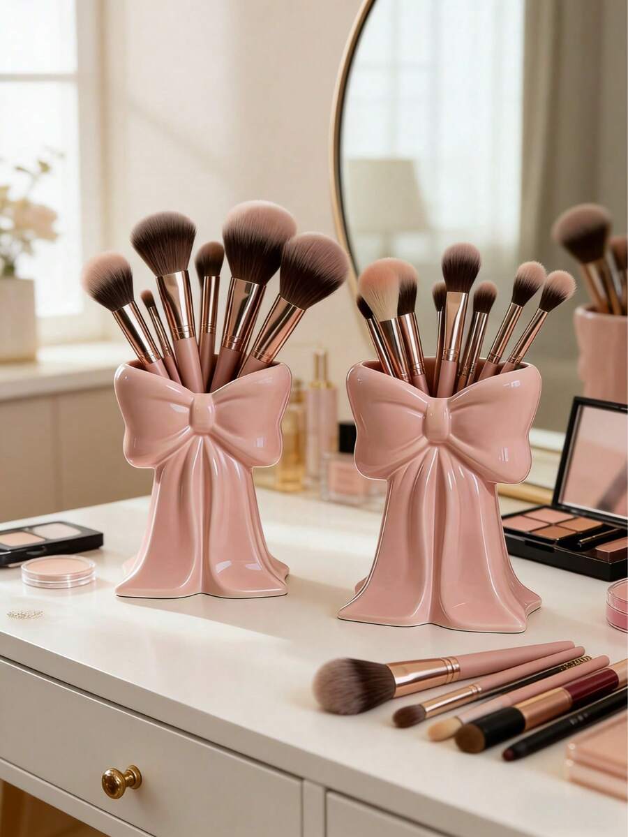 1pc Cute Bow-Shaped Pen Holder - A Desktop Makeup Brush And Office Supply Organizer With Elegant Makeup Brush Storage Design, Ideal Creative Decor For Girls, Students And Young Women - Multicolor - View 1