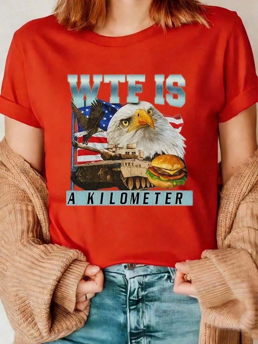 "ES UNA MILLA" Camiseta de manga corta con estampado de águila y bandera, estilo vintage lavado, cuello redondo, corte holgado, de algodón puro, para verano. - Rojo - Ver 1