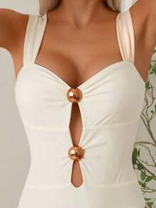 Traje de baño de una pieza elegante de color albaricoque con tirantes gruesos, diseño hueco y decoración de perlas redondas para mujeres - Albaricoque - Ver 4