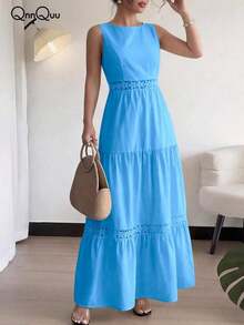 Vestido de mujer de verano con cuello redondo, sin mangas, con encaje en la cintura y bolsillo, elegante y romántico, adecuado para uso diario, citas y vacaciones - Azul cielo - Ver 3