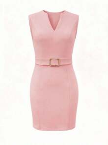 Vestido mini ajustado con cuello en V sin mangas, hebilla metálica en la cintura, para mujer.Vestidos elegantes para mujer, vestido estructurado, vestido tubo, vestidos beige para mujer, vestido con cuello en V para mujer, conjuntos elegantes para mujer, ropa formal para mujer, vestidos casuales de negocios, vestido de alta calidad, vestidos de trabajo para mujer - Rosa - Ver 7