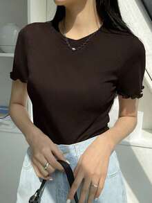 Blusa de punto acanalado con ribete de lechuga, estilo preppy de verano - Café integral - Ver 5
