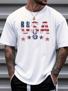 Camiseta de hombre con estampado de la bandera estadounidense,% algodón, corte holgado, diseño patriótico de estrellas y rayas con letras USA llamativas - Ropa casual de verano para exteriores, ropa para el Día de la Independencia, transpirable, cuello redondo, manga corta. SUMF - Albaricoque - Ver 2