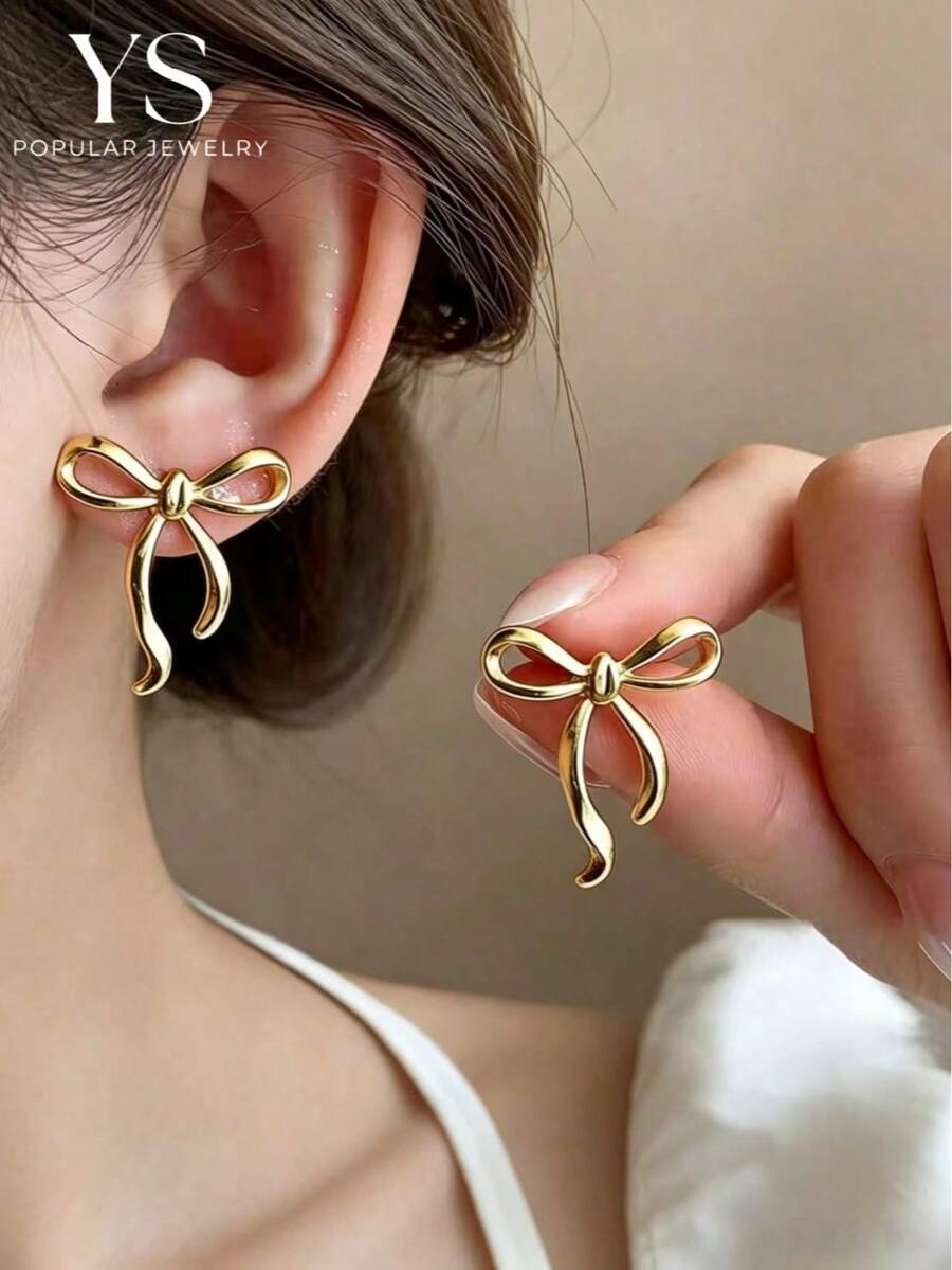 1 Pair Bowknot Line Earrings, Golden Texture Minimalist Earrings, Suitable For Business, Casual And Daily Wear - Gold - View 1