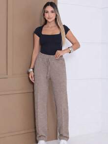 Women's Cold Weather Ribbed Knit Pants, Wide Leg, High Waist, Comfortable, Casual Fashion - 米色 - 查看 3